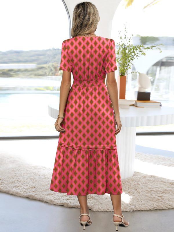 81UwOsFc3L.jpg Women 2025 Summer Boho Maxi Dresses Floral Short Sleeve V Neck Elastic Waist Tiered Flowy Long Beach Vacation Dress