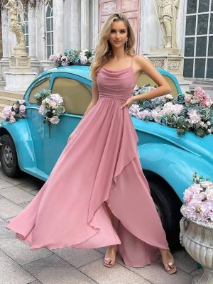 Asymmetrical Cowl Neck Bridesmaid Dresses Long Ruffle Chiffon Empire Waist Formal Party Gowns with Pockets 2025