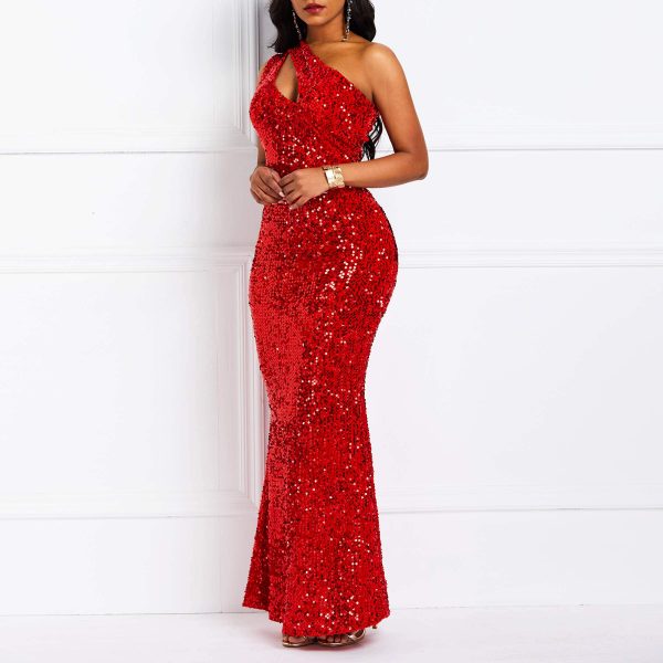 81XVk4N3OxL.jpg Sequins Fashion Sleeveless Oblique Collar Mermaid Women's Maxi Dress Bodycon Dress Party Dress