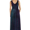 Long Sleeveless Sculpt Waist Iridescent Mesh Dress W/V-Neckline