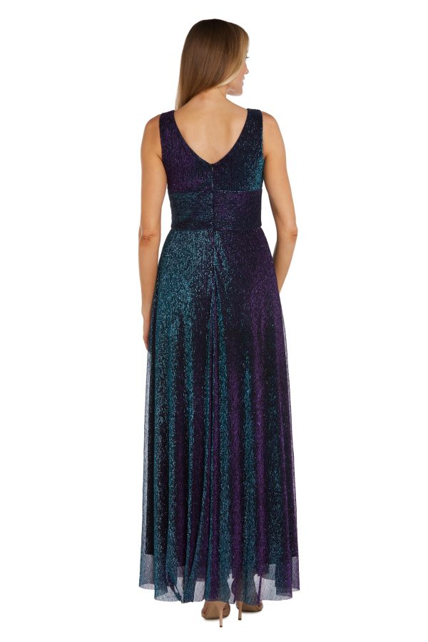 Long Sleeveless Sculpt Waist Iridescent Mesh Dress W/V-Neckline