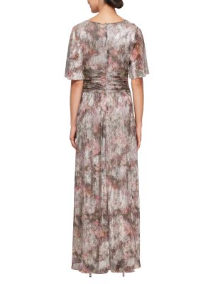 Women's Plus Size Long A-line Gown W/Flutter Sleeves & Ruched Waist, Wedding Guest, Party Dress