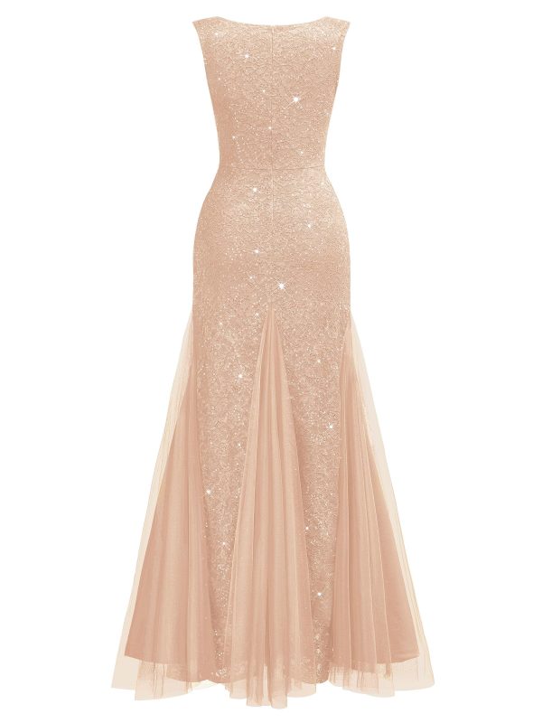 81bAcFr-nyL.jpg Women's Elegant V Neck Sleeveless Sequin Lace Evening Party Dress