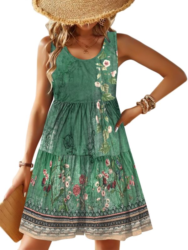 Womens Summer Sundress Boho Floral Casual Tank Dresses with Pockets Sleeveless Tiered Swing A Line Beach Dress