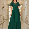 Women's Elegant Deep-V Neck Ruffle Tulle Sleeve Sequin Lace Formal Maxi Dress