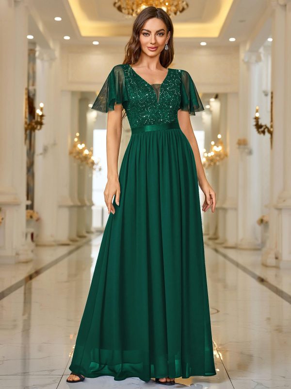 81cIfuc9N4L.jpg Women's Elegant Deep-V Neck Ruffle Tulle Sleeve Sequin Lace Formal Maxi Dress