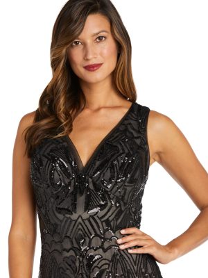 Long Beaded Dress W/Contrast Lining, V-Neckline & Godet Skirt
