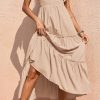 Women's Cross Neck Summer Sleeveless Tiered Maxi Dress Beach Tie Strap Smocked Long Dresses Pleated Sundress
