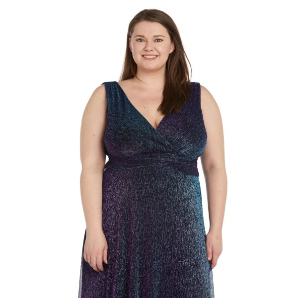 Long Sleeveless Sculpt Waist Iridescent Mesh Dress W/V-Neckline