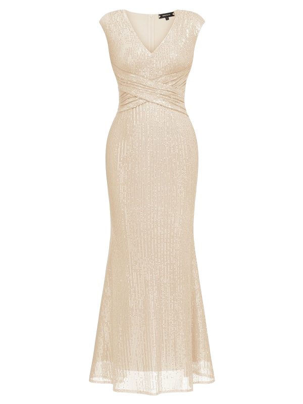 81e7CbNXYrL.jpg Women's V Neck Glitter Sequin Ruched Cocktail Party Long Dress