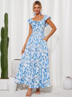 2025 Womens Maxi Dresses Summer Off Shoulder Floral Dress Ruffle Split Beach Flowy Boho Wedding Guest Dress