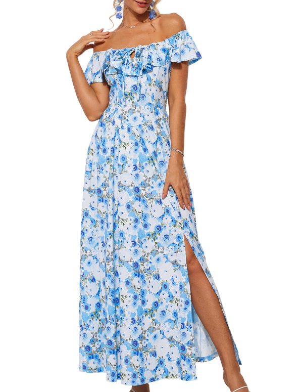 2025 Womens Maxi Dresses Summer Off Shoulder Floral Dress Ruffle Split Beach Flowy Boho Wedding Guest Dress
