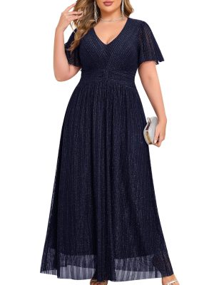 Plus Size Maxi Formal Dress Sparkly V-Neck A-line Ruffle Sleeves Evening Gown Cocktail Prom Glitter