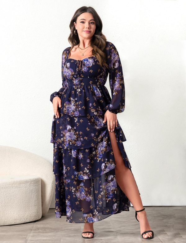 81h1SGSXUiL.jpg Womens Plus Size Floral Tiered Ruffle Long Sleeve Evening Party Wedding Guest Dress