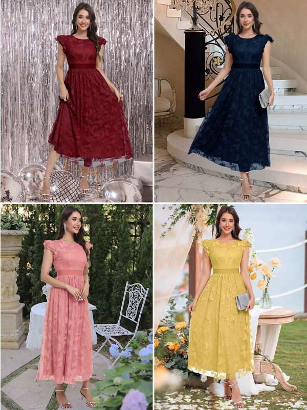 81i91sZ39HL.jpg Women's Midi Formal Dress 2025 Flutter Short Sleeve Crewneck Lace Wedding Guest Party Dresses