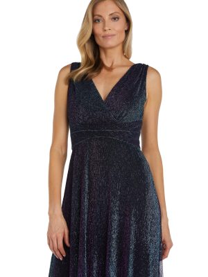 Long Sleeveless Sculpt Waist Iridescent Mesh Dress W/V-Neckline