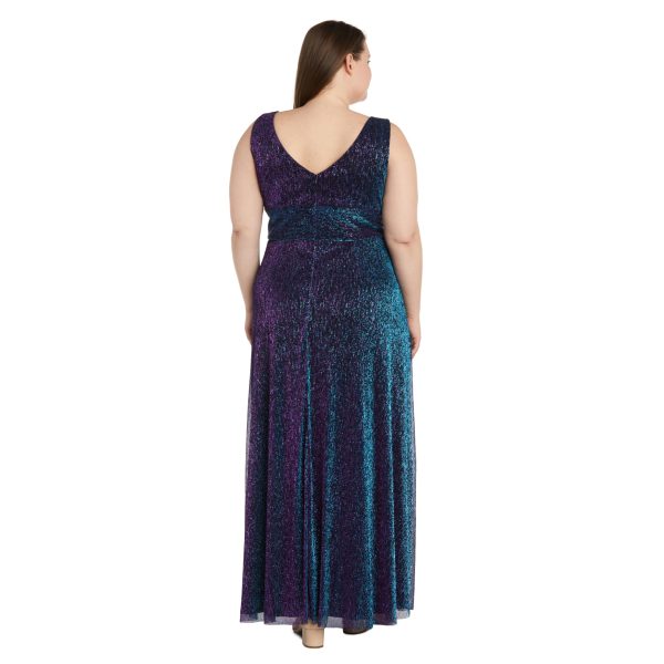 Long Sleeveless Sculpt Waist Iridescent Mesh Dress W/V-Neckline