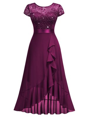 Women's Scoop Neck Sequined Floral Lace Ruffle Wedding Party Long Dress