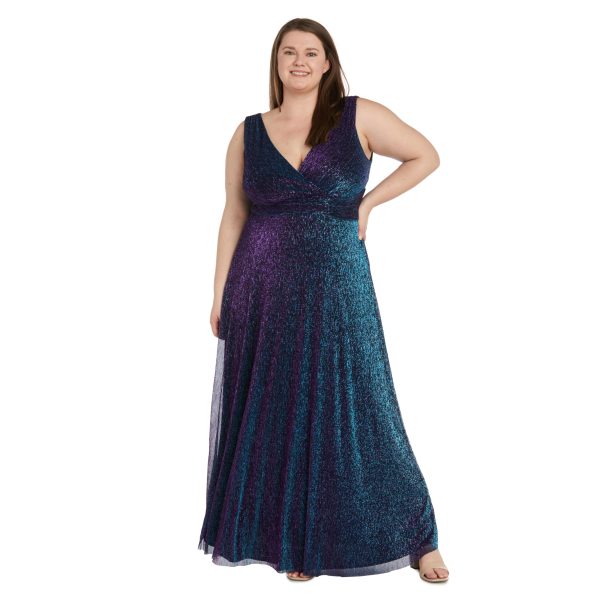 Long Sleeveless Sculpt Waist Iridescent Mesh Dress W/V-Neckline
