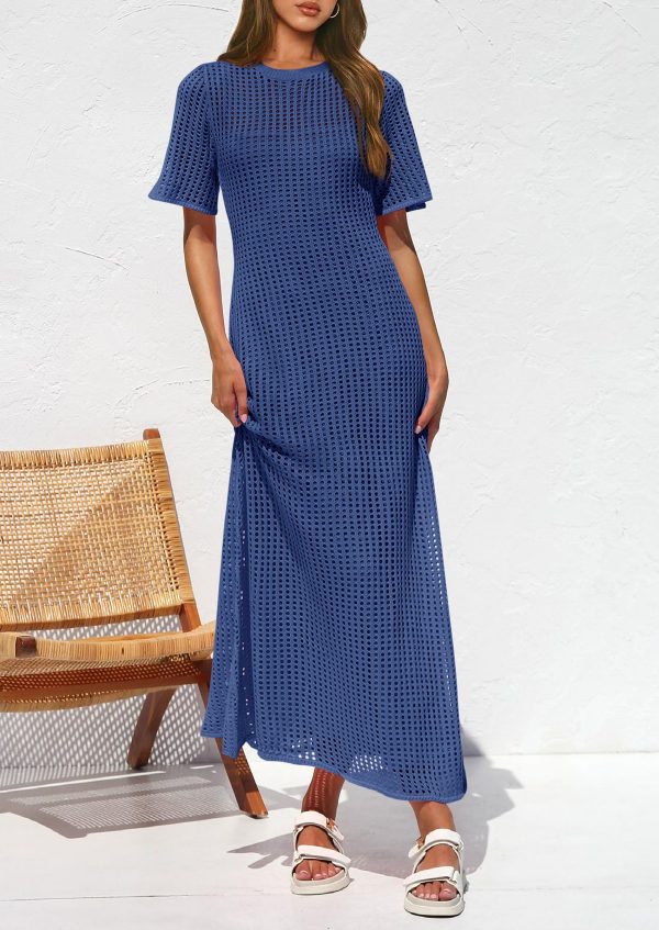 81jkfxugx1L.jpg Womens Eyelet Cover Up Dress 2025 Summer Vacation Resort Maxi Dresses Beach Short Sleeve Hollow Out Sundress