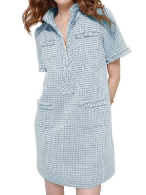 Women's Tweed Dress, Short Sleeve Straight Tube Mini Dress with Pockets for Business Party Work