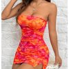 Women's Floral Mesh Strapless Ruched Tube Mini Dress Short Bodycon Dresses