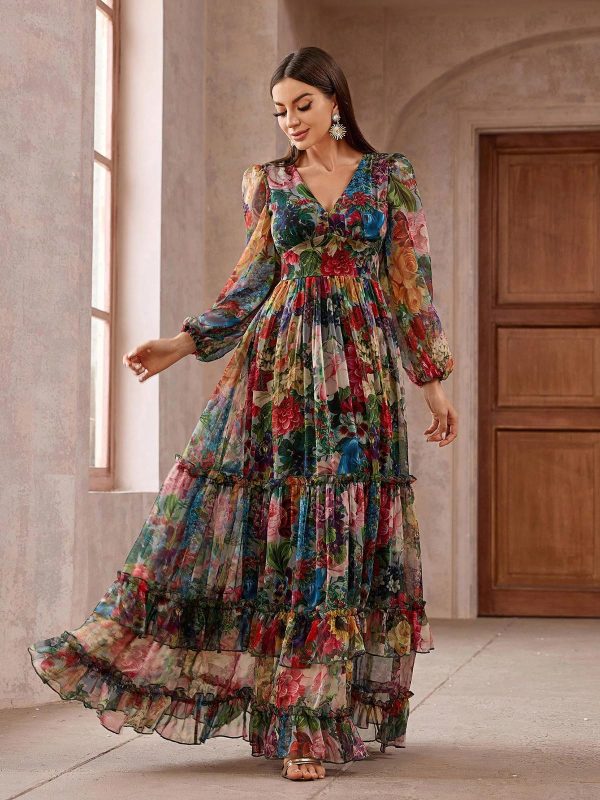 81lz3HZbTL.jpg Summer Casual Dresses for Women 2024 Spring Fashion Boho V Neck Long Sleeve Ruffle Floral Print Elegant Maxi Dress