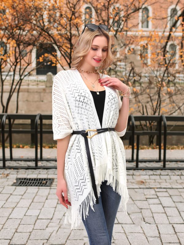 Knit Shawl Wrap for Women - Soul Young Ladies Fringe Knitted Poncho Blanket Cardigan Cape(One Size,Cream White)