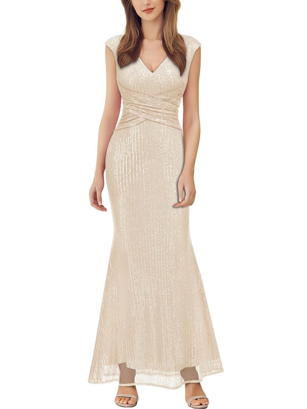 81mHKTKWRL.jpg Women's V Neck Glitter Sequin Ruched Cocktail Party Long Dress
