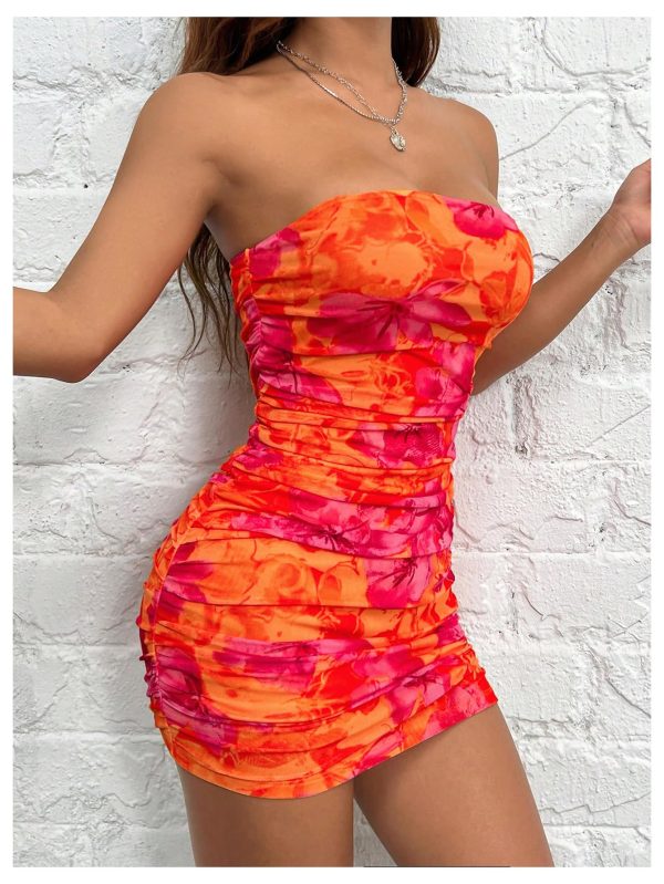 Women's Floral Mesh Strapless Ruched Tube Mini Dress Short Bodycon Dresses