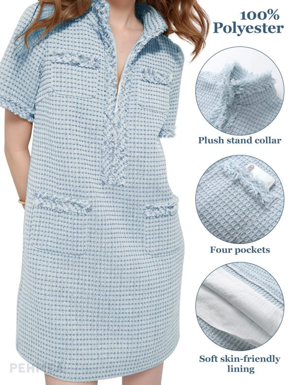 81oaaxxlML.jpg Women's Tweed Dress, Short Sleeve Straight Tube Mini Dress with Pockets for Business Party Work