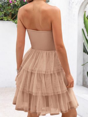 Womens Tulle Dress Strapless Tube Top Short Dress Summer Ruffle Tiered Party Wedding Guest Dresses