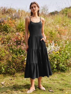 Womens Summer Long Dress Adjustable Spaghetti Strap Floral Casual Dress with Pockets Flowy Tiered Beach Sundress