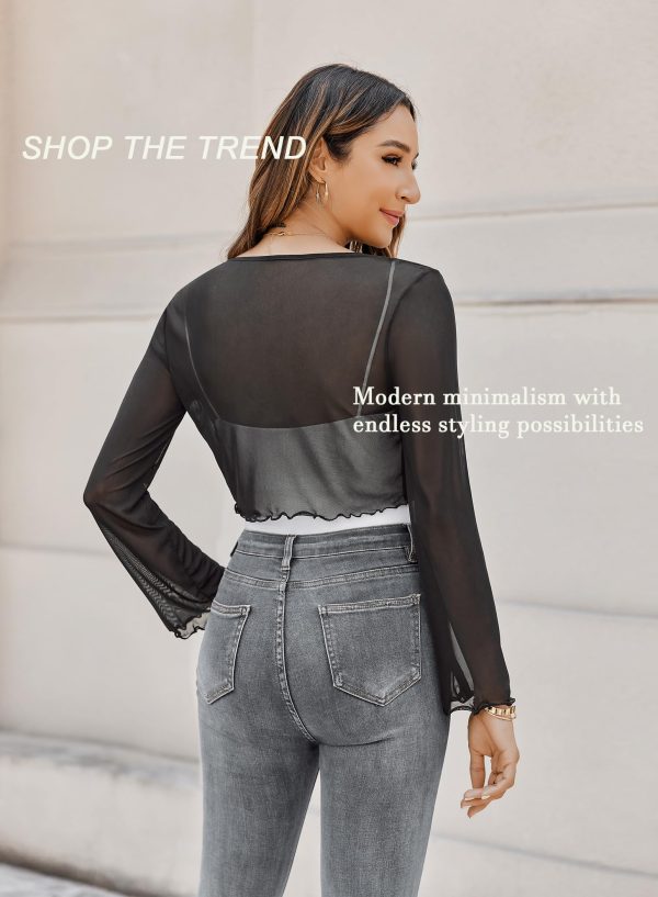 Womens Sheer Shrug Tie Front Long Bell Sleeve Mesh Bolero Lightweight Summer Casual Short Shawl Top