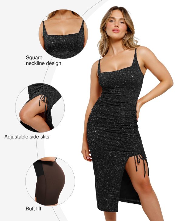 81pqHLEffL.jpg Sparkly Cocktail Dresses for Women Tummy Control Formal Shapewear Dress Square Neck Ruched Midi Dress Side Slit