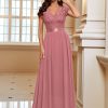 Women's Elegant Floral Lace Formal V Neck Bridesmaid Party Dress