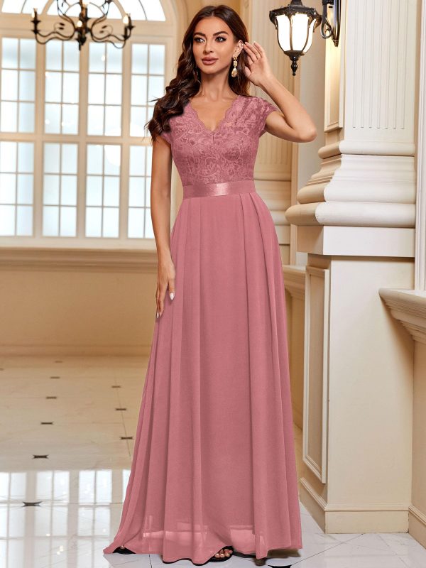 81qDYMPpML.jpg Women's Elegant Floral Lace Formal V Neck Bridesmaid Party Dress