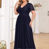 Plus Size Maxi Formal Dress Sparkly V-Neck A-line Ruffle Sleeves Evening Gown Cocktail Prom Glitter