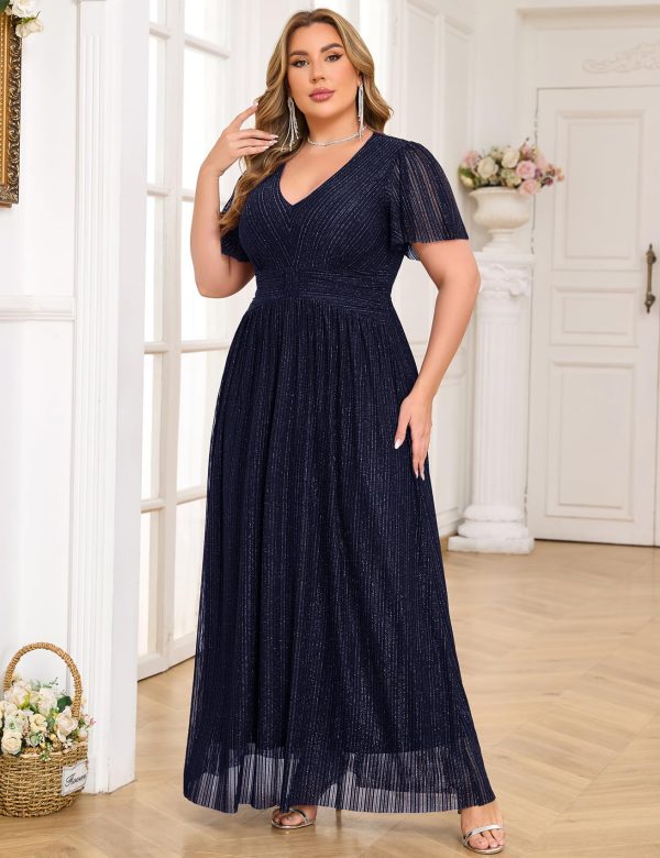 81qVDjc2DLL.jpg Plus Size Maxi Formal Dress Sparkly V-Neck A-line Ruffle Sleeves Evening Gown Cocktail Prom Glitter