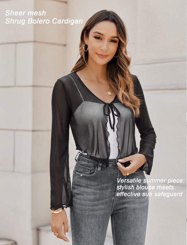 Womens Sheer Shrug Tie Front Long Bell Sleeve Mesh Bolero Lightweight Summer Casual Short Shawl Top