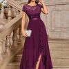 Women's Scoop Neck Sequined Floral Lace Ruffle Wedding Party Long Dress