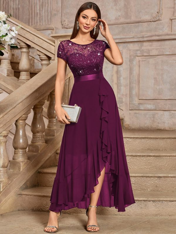 81s-HNE4CjL.jpg Women's Scoop Neck Sequined Floral Lace Ruffle Wedding Party Long Dress
