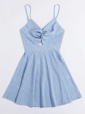 Women's Boho Floral Print Twist Front Cami A Line Mini Dress