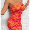 Women's Floral Mesh Strapless Ruched Tube Mini Dress Short Bodycon Dresses