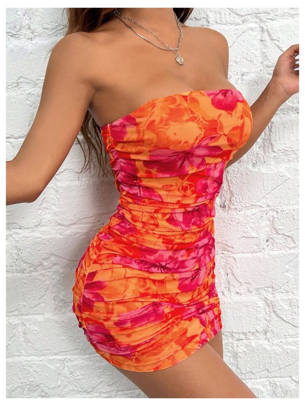 Women's Floral Mesh Strapless Ruched Tube Mini Dress Short Bodycon Dresses
