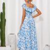 2025 Womens Maxi Dresses Summer Off Shoulder Floral Dress Ruffle Split Beach Flowy Boho Wedding Guest Dress
