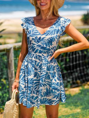 Women's Mini Dresses Summer Beach V Neck Flutter Sleeve Floral A Line Short Casual Dress