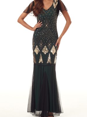 Women Evening Dress 1920s Flapper Cocktail Mermaid Plus Size Formal Gown with Long Gloves