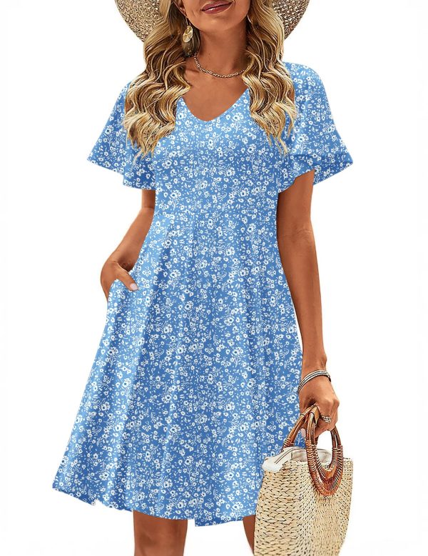 Womens Summer Dress Casual Swing Floral Ruffle Short Sleeve Sundresses Beach Mini A-line Shift Dress 2025 with Pockets