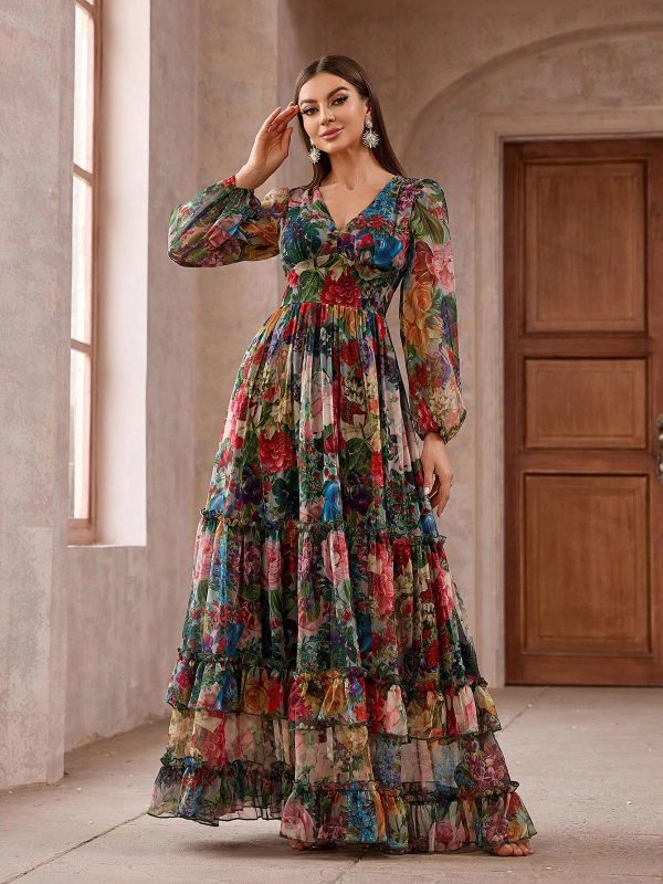 81uQ14BRJuL.jpg Summer Casual Dresses for Women 2024 Spring Fashion Boho V Neck Long Sleeve Ruffle Floral Print Elegant Maxi Dress